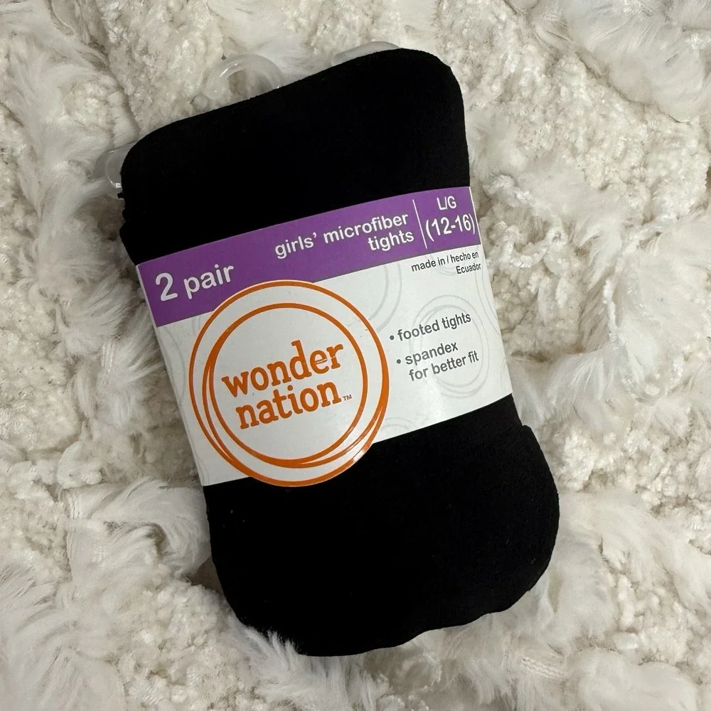 WONDER NATION Black Footed Tights Girls 12/16 Lightweight‎ Spandex Stretch 2pk